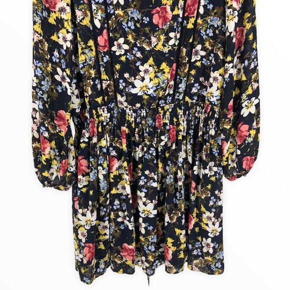 Banana Republic Black Floral Valeri Long Sleeve Ladder Stitch Smocked Dress sz M - Picture 8 of 12